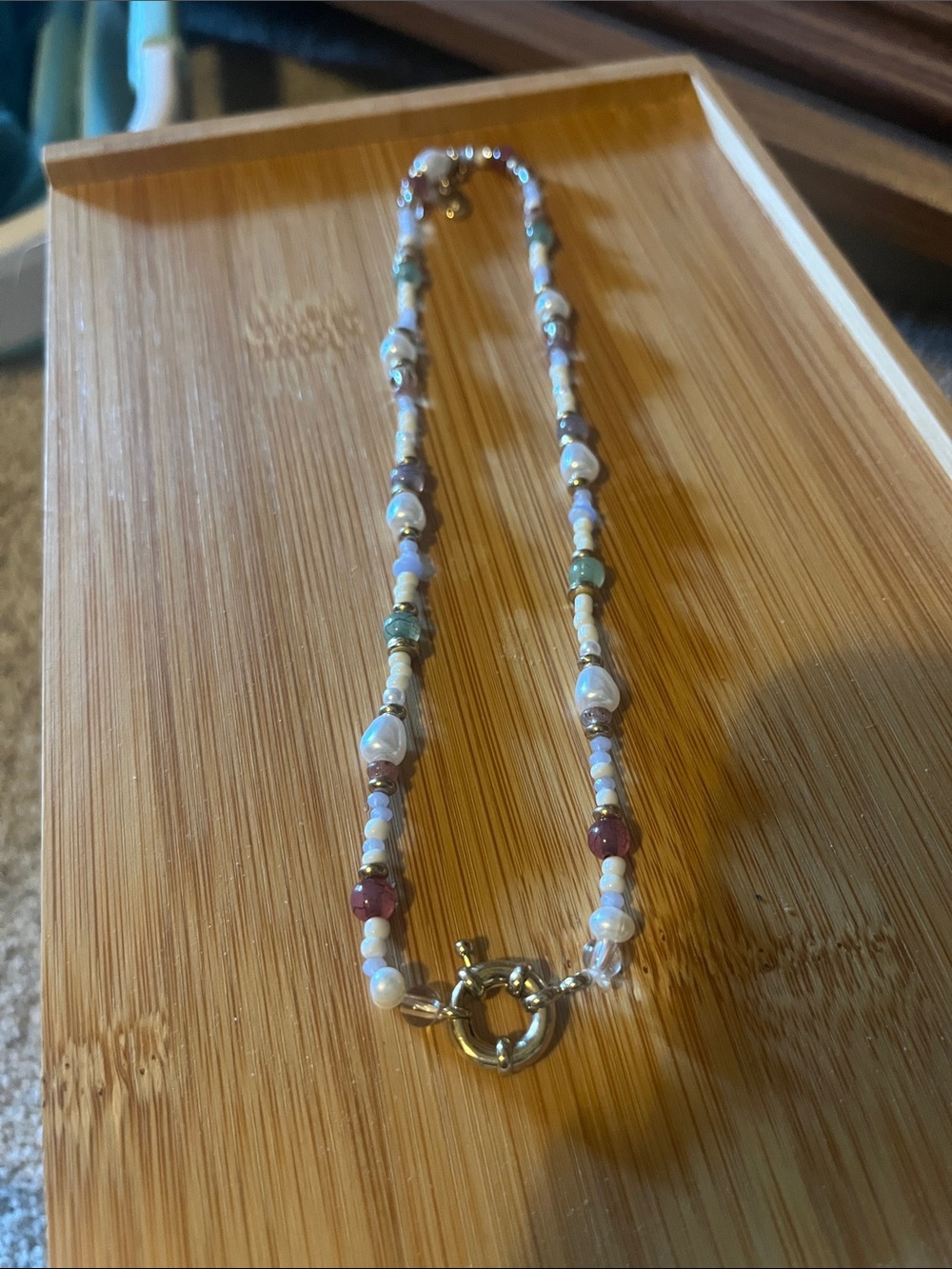 Delicate Multicolor Beaded Women's Necklace with Gold Toggle